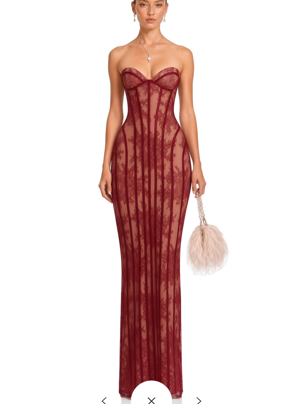 Strapless Lace Corset Evening Gown in Burgundy